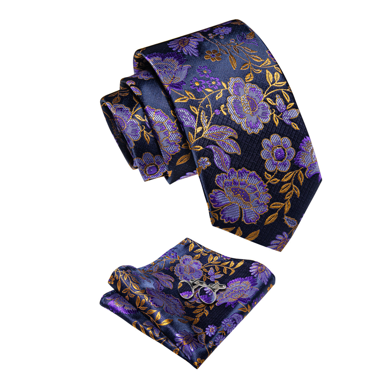 Purple Golden Floral Men's Necktie Pocket Square Cufflinks Set