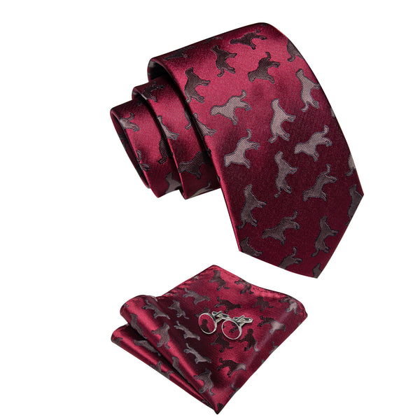 Burgundy Brown Novelty Animals Men's Necktie Pocket Square Cufflinks Set