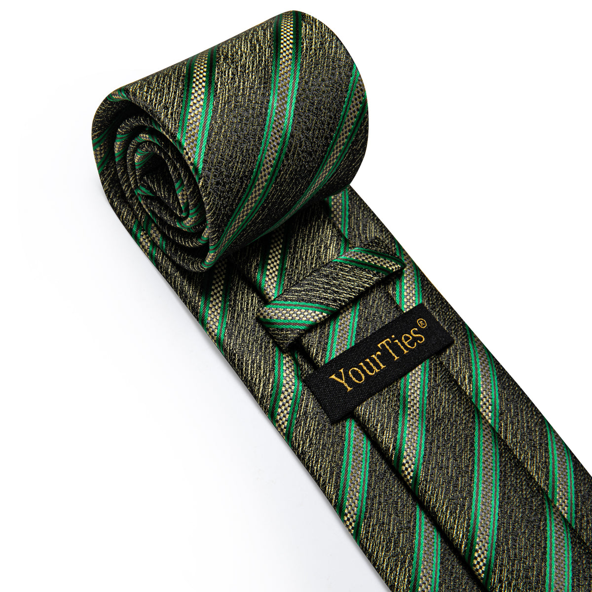Green Yellow Striped Men's Necktie Pocket Square Cufflinks Set