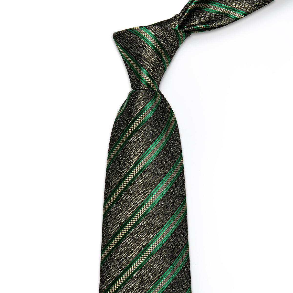 Green Yellow Striped Men's Necktie Pocket Square Cufflinks Set