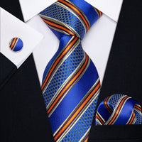 Blue Orange Striped Men's Necktie Pocket Square Cufflinks Set