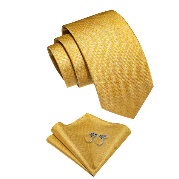 Gold Yellow Novelty Woven Men's Necktie Pocket Square Cufflinks Set