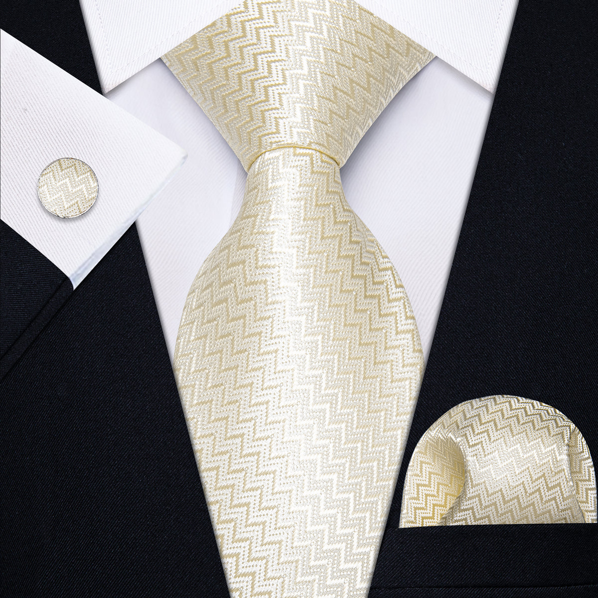 Ivory Novelty Woven Men's Necktie Pocket Square Cufflinks Set
