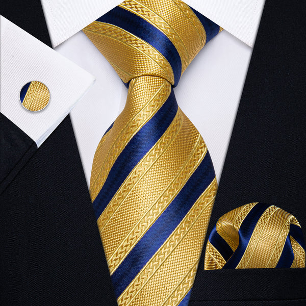 Yellow blue striped tie on black suit blazer and white shirt