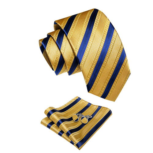 Gold Yellow Navy Striped Men's Necktie Pocket Square Cufflinks Set