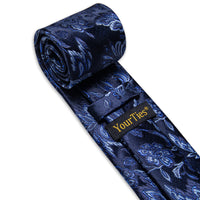 Navy Blue Floral Men's Necktie Pocket Square Cufflinks Set