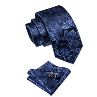 Navy Blue Floral Men's Necktie Pocket Square Cufflinks Set