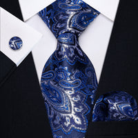 Navy Blue White Paisley Men's Necktie Pocket Square Cufflinks Set
