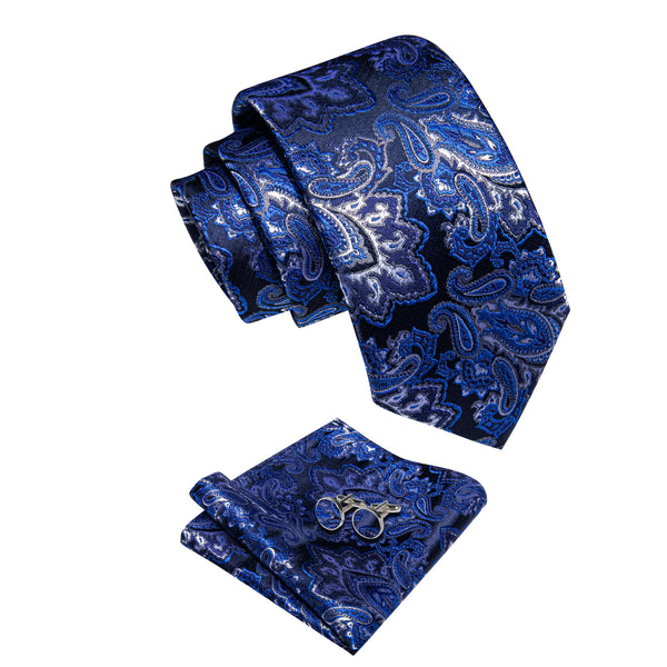 Navy Blue White Paisley Men's Necktie Pocket Square Cufflinks Set