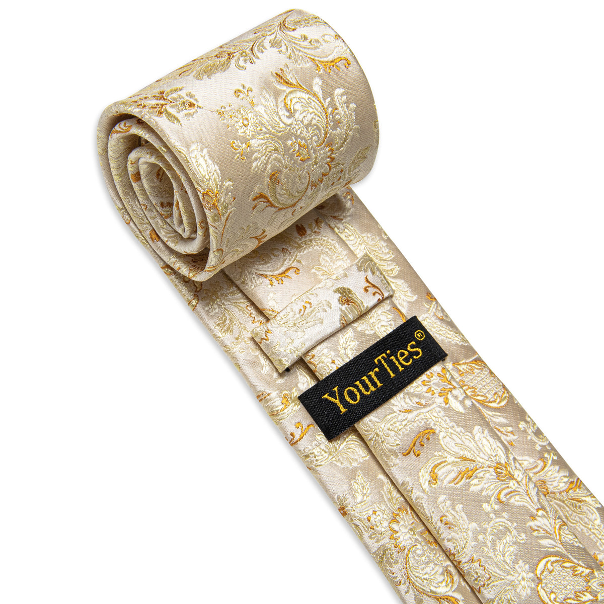 Light Yellow Gold Floral Men's Necktie Pocket Square Cufflinks Set