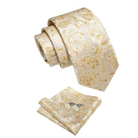 Light Yellow Gold Floral Men's Necktie Pocket Square Cufflinks Set