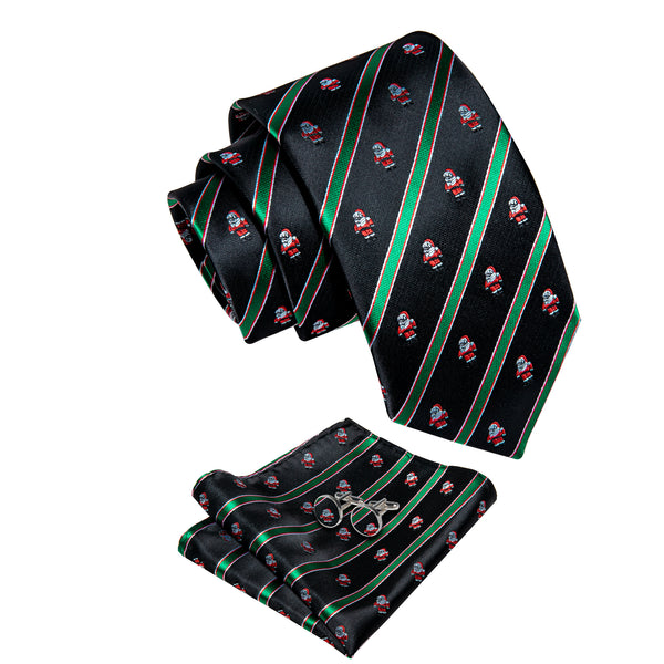 Christmas Black Green Snowmen Men's Necktie Pocket Square Cufflinks Set