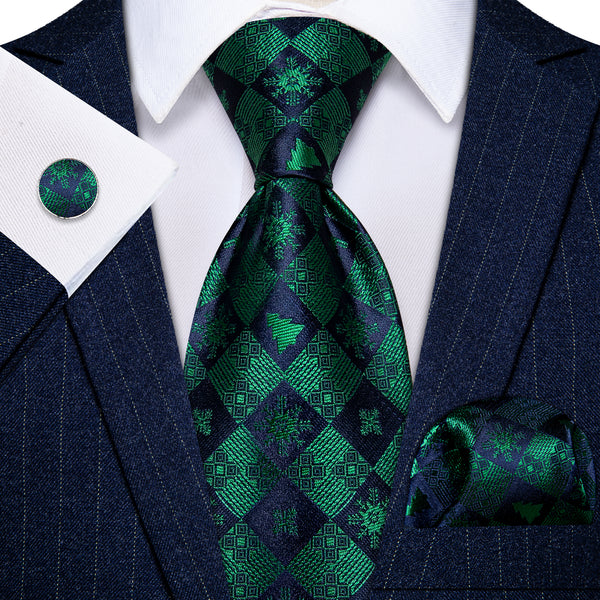  Christmas Green Blue Snow Novelty Men's Necktie Pocket Square Cufflinks Set
