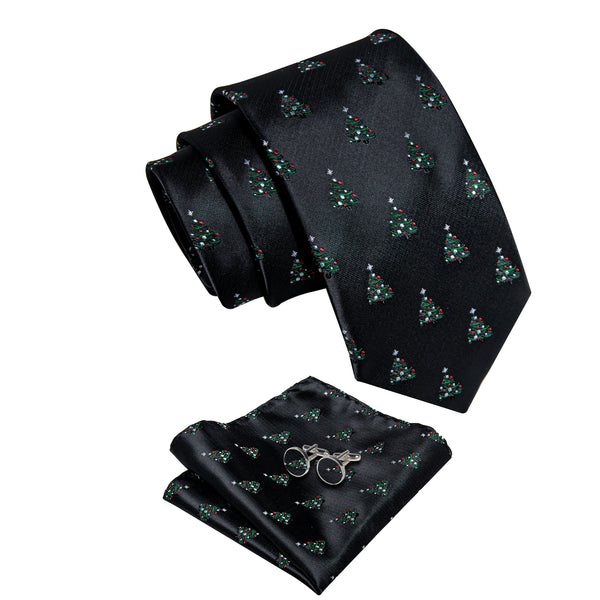 Black Christmas Tree Men's Necktie Pocket Square Cufflinks Set