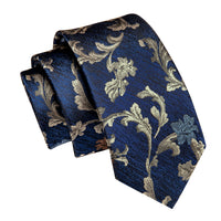 Blue Grey Floral Skinny Necktie with Silver Tie Clip