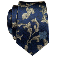 Blue Grey Floral Skinny Necktie with Silver Tie Clip
