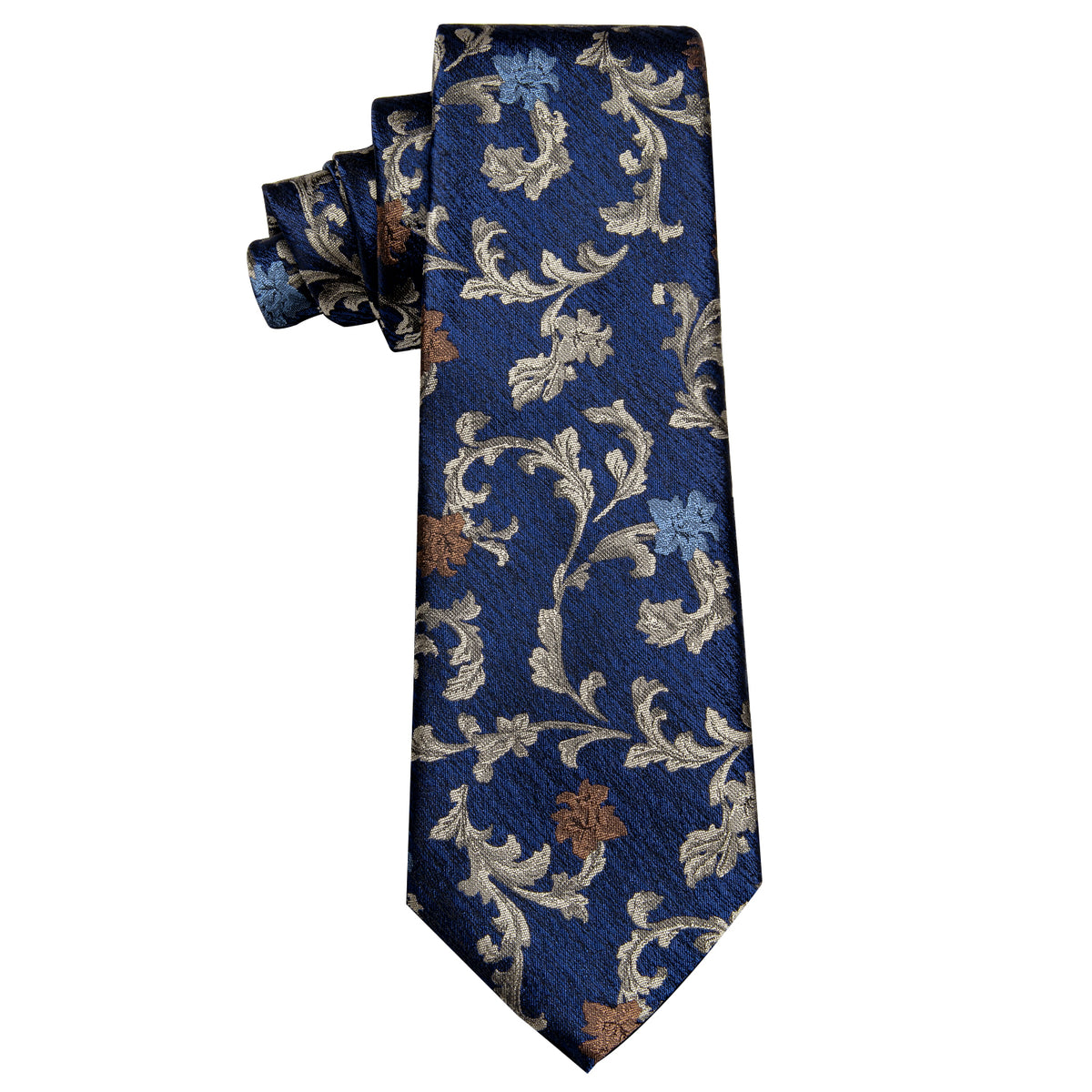Noble Navy Blue  Champagne Floral Silk Necktie with Golden Tie Clip