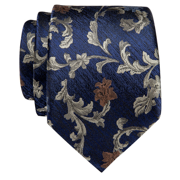 YourTies Noble Navy Blue  Champagne Floral Silk Necktie with Golden Tie Clip