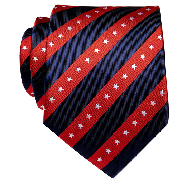 Classic Red Blue Star Striped Silk Necktie with Golden Tie Clip