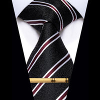 Black Red Striped Silk Necktie with Golden Tie Clip