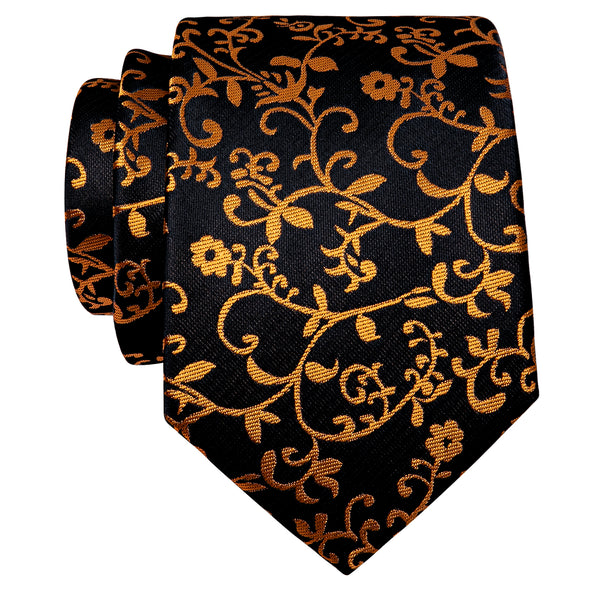 Black Golden Floral Silk Necktie with Golden Tie Clip