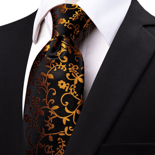 Black Golden Floral Silk Necktie