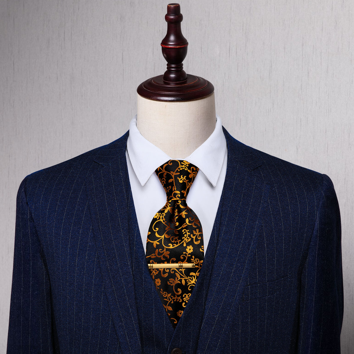 Black Golden Floral Silk Necktie with Golden Tie Clip