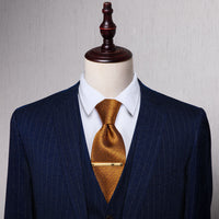 Golden Woven Solid Silk Necktie with Golden Tie Clip
