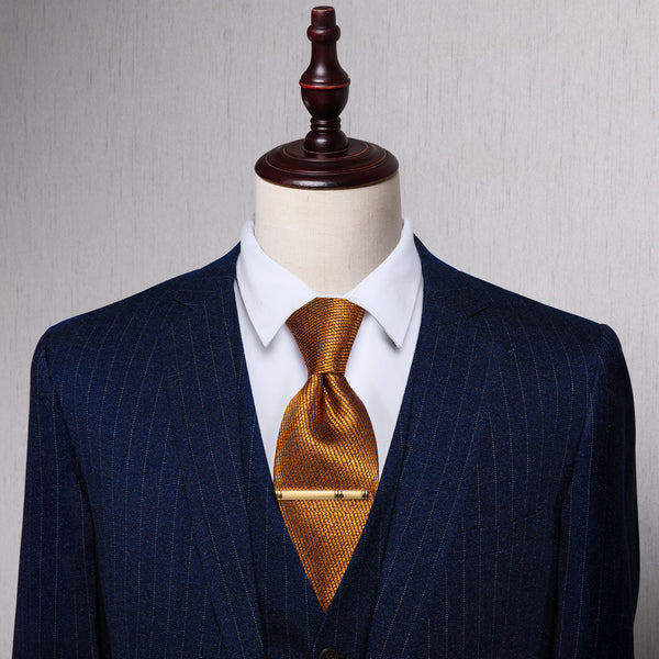 Golden Solid Pre-tied Bowtie and Necktie with Golden Tie Clip Set