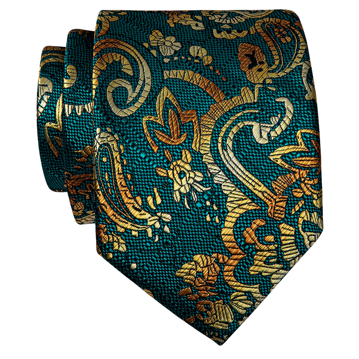 Peacock Blue Golden Paisley Silk Necktie with Golden Tie Clip