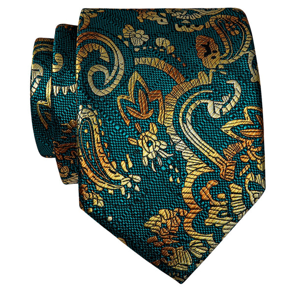 YourTies Teal Blue Tie Golden Paisley Silk Necktie for Men