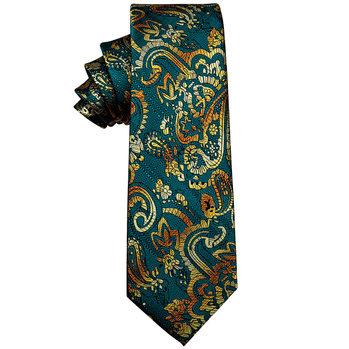 Peacock Blue Golden Paisley Silk Necktie with Golden Tie Clip