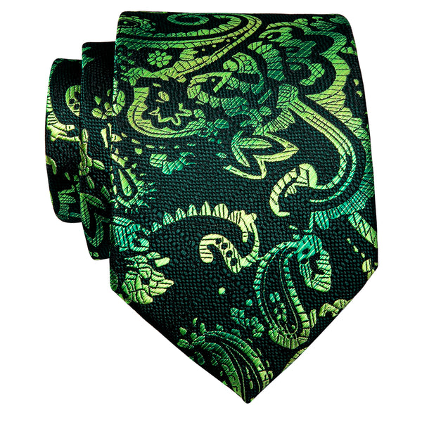 Green Paisley Silk Necktie with Golden Tie Clip