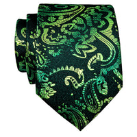 Dark Green Paisley Pre-tied Bowtie and Necktie with Golden Tie Clip Set