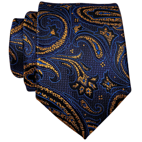 YourTies Dark Blue Golden Paisley Silk Necktie with Golden Tie Clip