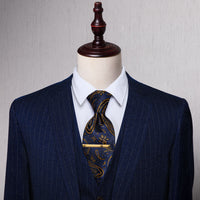 Dark Blue Golden Paisley Silk Necktie with Golden Tie Clip