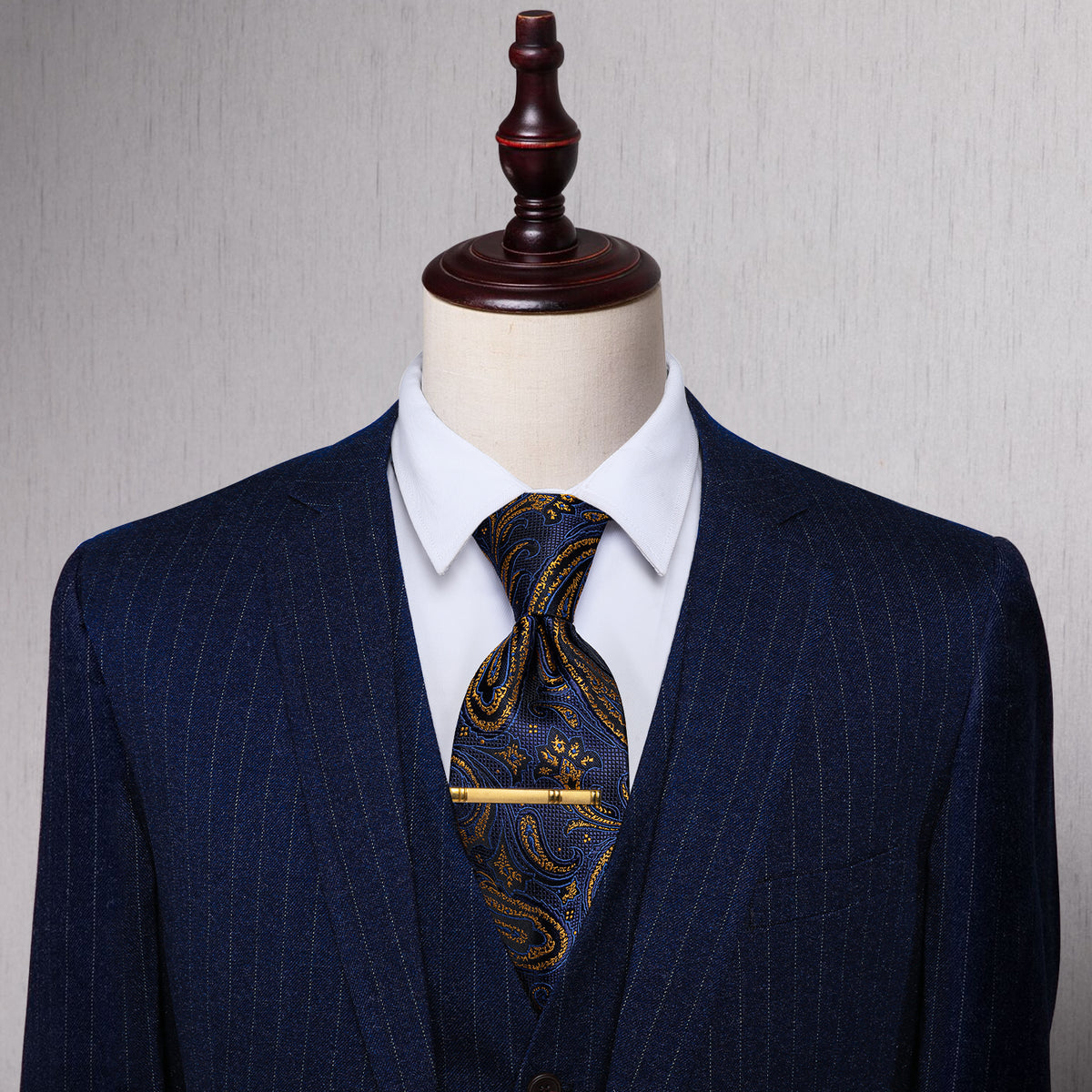 Navy Blue Golden Paisley Pre-tied Bowtie and Necktie with Golden Tie Clip Set