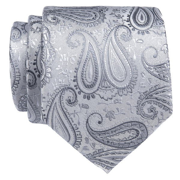 Silver Grey Paisley Silk Necktie with Golden Tie Clip