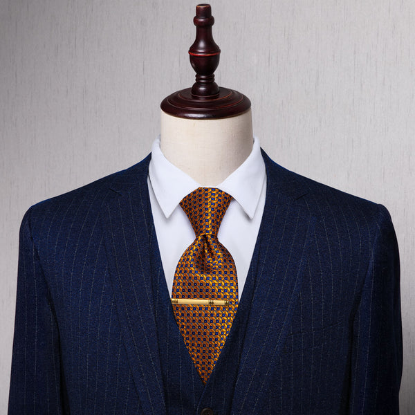 YourTies Golden Blue Plaid Silk Necktie with Golden Tie Clip