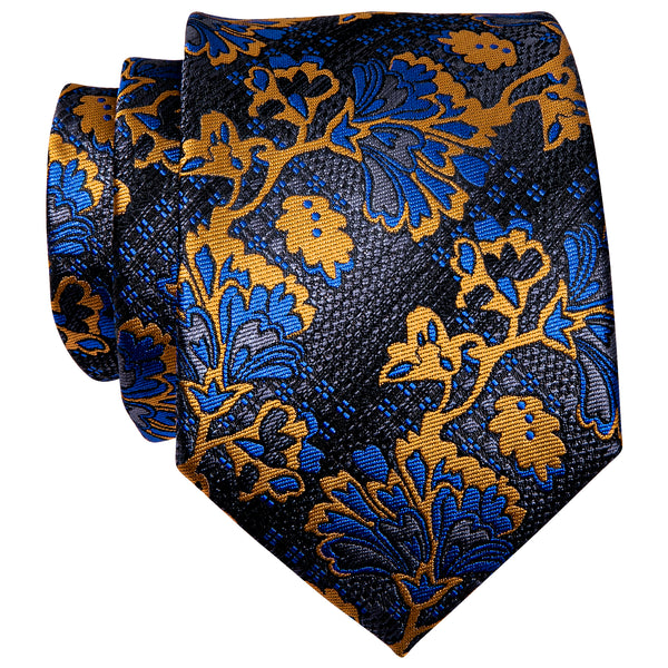 YourTies Dark Grey Blue Floral Silk Necktie with Golden Tie Clip
