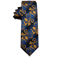 Dark Grey Blue Floral Silk Necktie with Golden Tie Clip