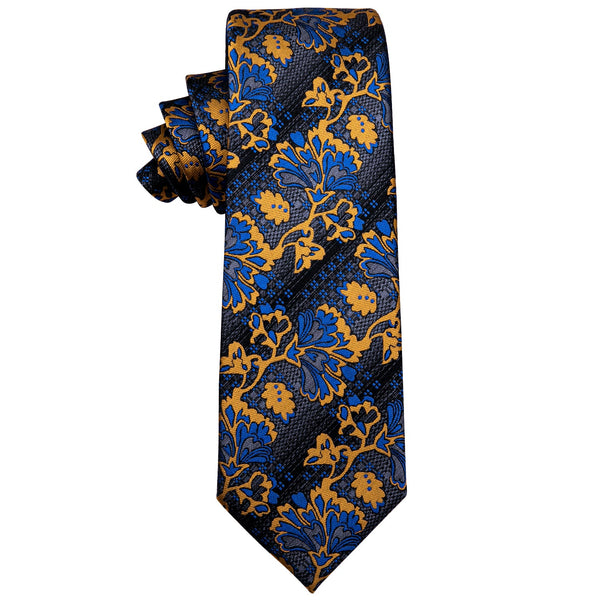 YourTies Black Tie Grey Blue Yellow Jacquarrd Floral Silk Necktie