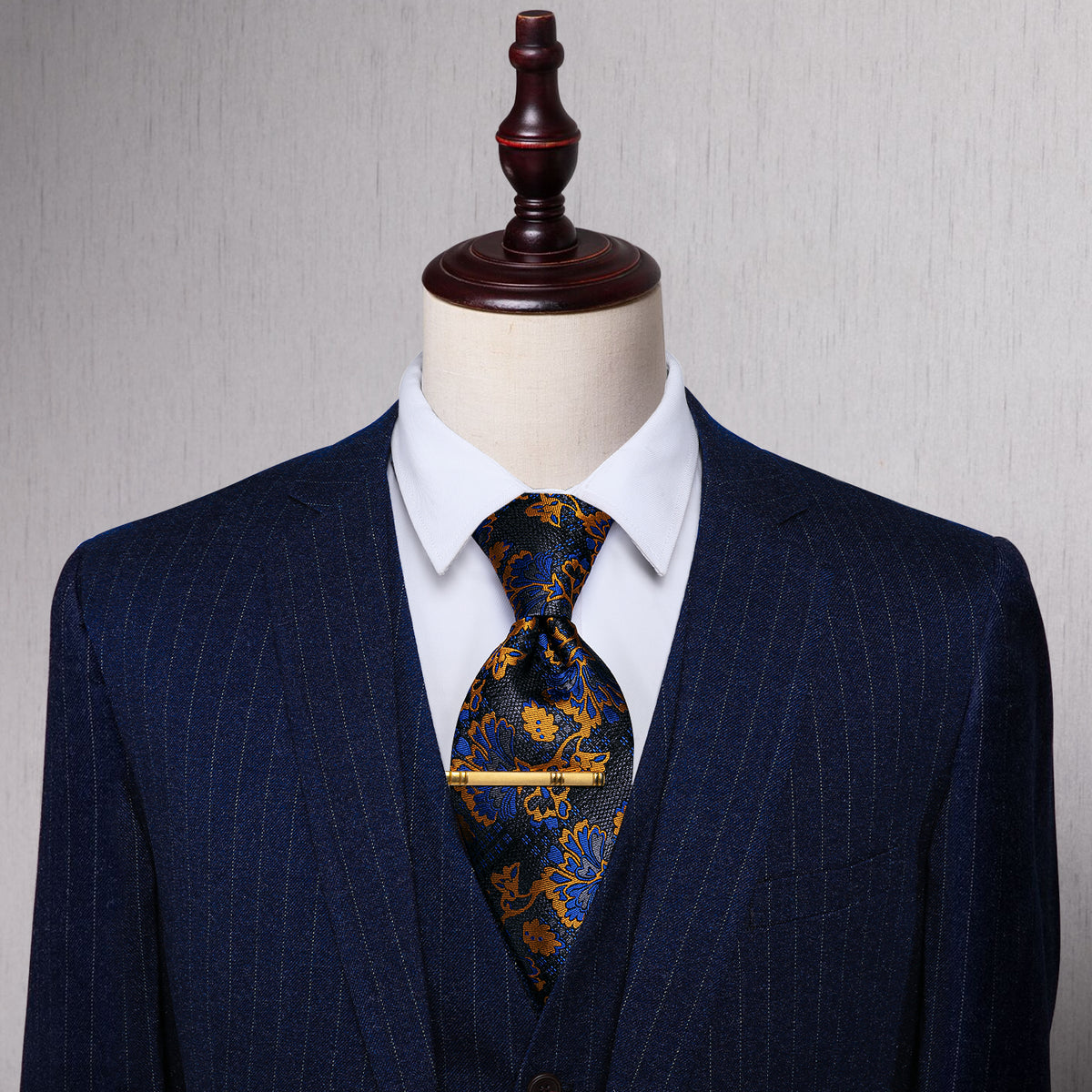 Dark Grey Blue Floral Silk Necktie with Golden Tie Clip