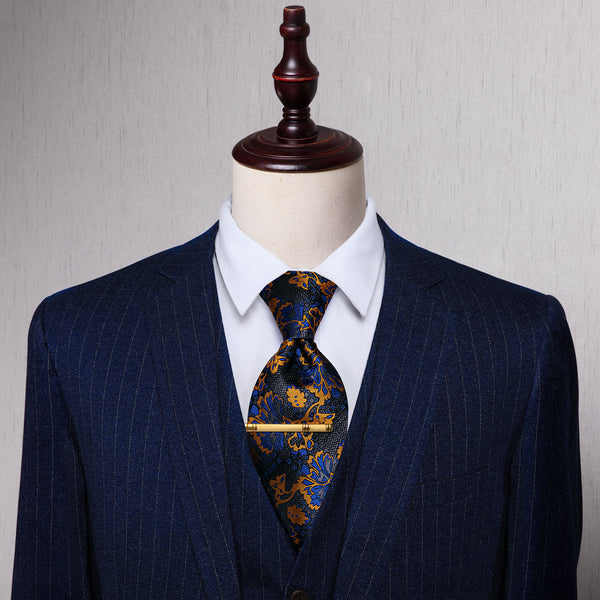 Dark Grey Blue Floral Pre-tied Bowtie and Necktie with Golden Tie Clip Set