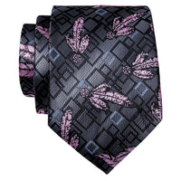 Dark Grey Pink Feather Novelty Silk Necktie with Golden Tie Clip