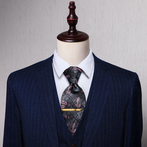 Deep Grey Floral Pre-tied Bowtie and Necktie with Golden Tie Clip Set