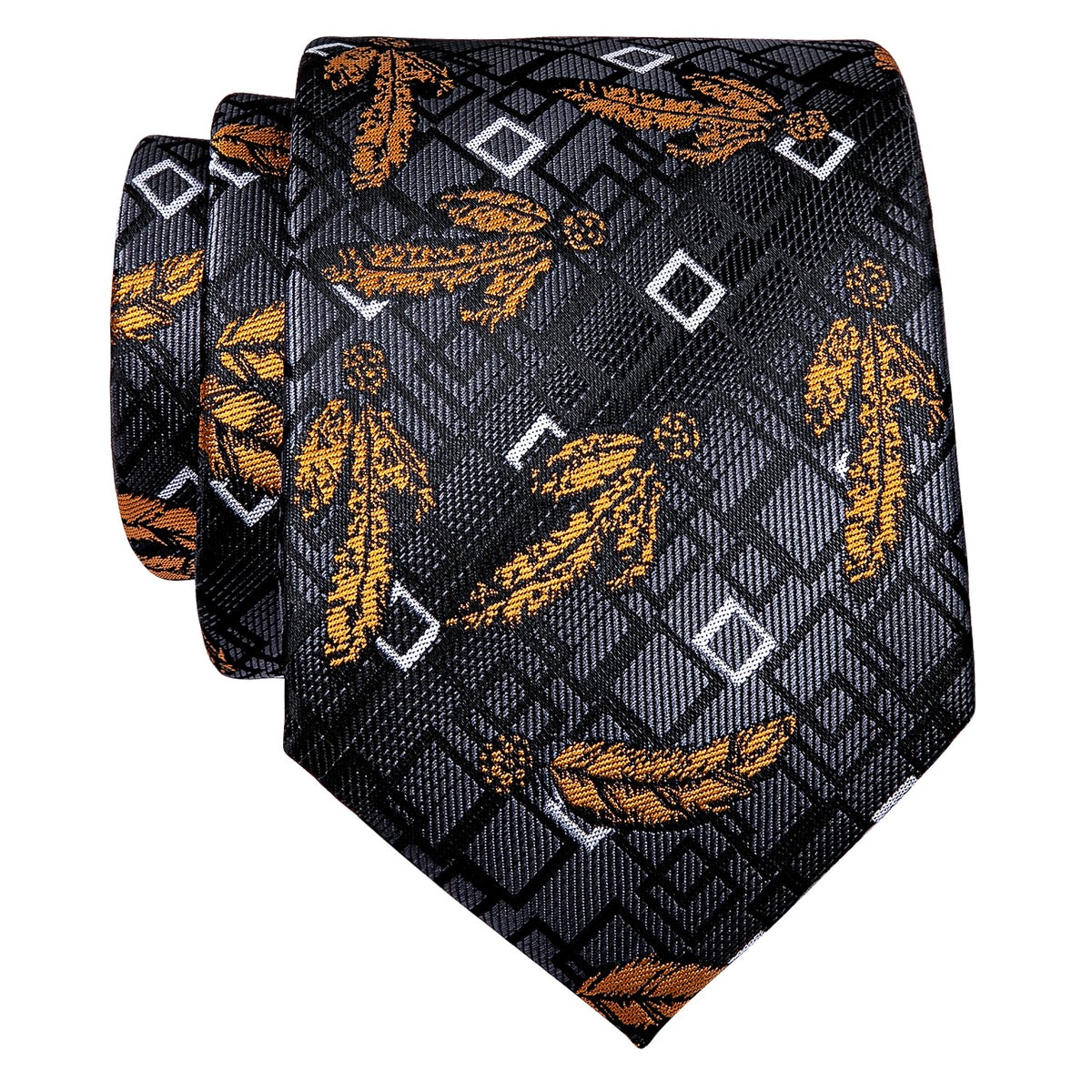 Dark Grey Golden Feather Novelty Silk Necktie with Golden Tie Clip