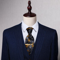 Dark Grey Golden Feather Novelty Silk Necktie with Golden Tie Clip