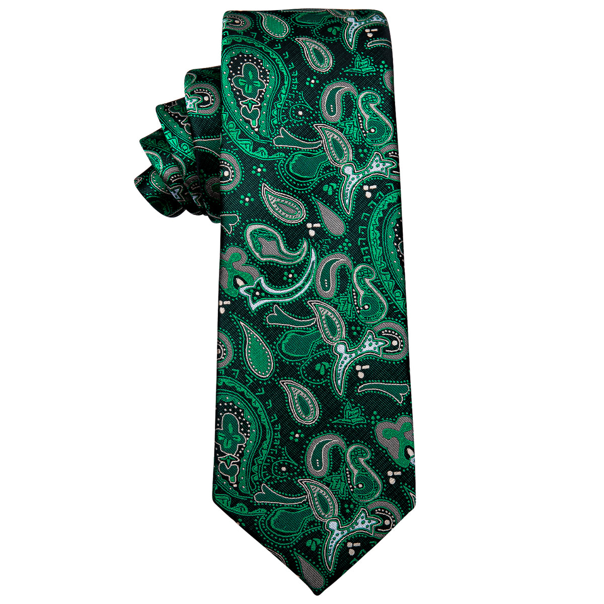 Fashion Green Paisley Silk Necktie with Golden Tie Clip