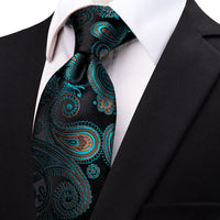 Luxury Black Green Paisley Silk Necktie